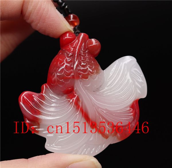 

chinese red white jade goldfish pendant necklace jewellery hand-carved relax healing women man luck gifts amulet rope p24, Silver