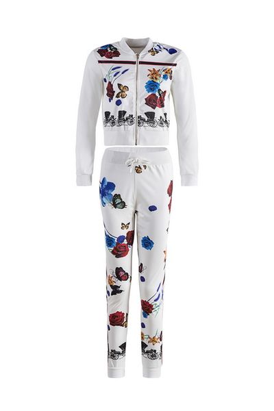 

floral print women tracksuit sweater jacket + pants jogging jogger sets sports tracksuits sweat suits fashion sportswear ing, Gray