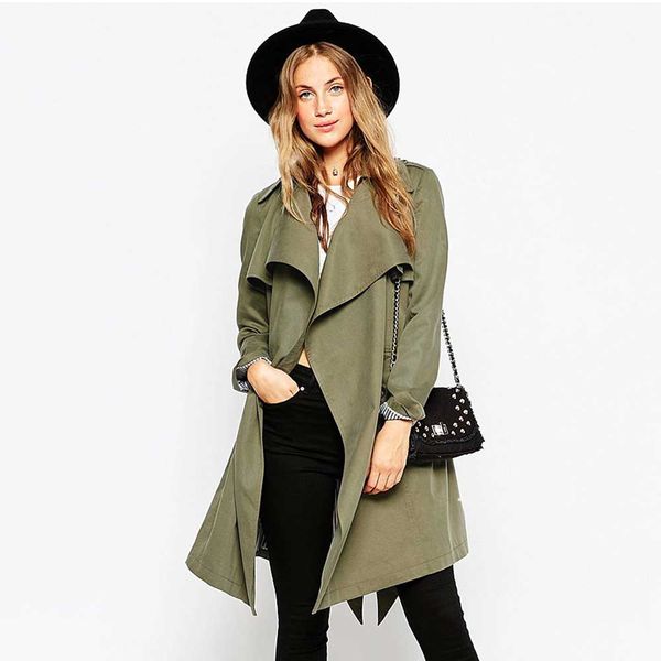 

2019 european spring autumn casual turn-down collar cool women trench with belt long sleeve maxi coat army green vkco1051, Tan;black