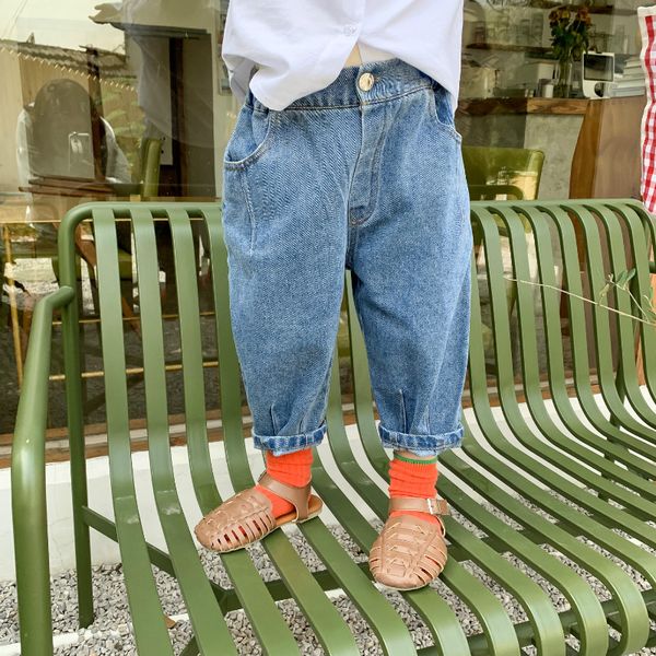 

spring new arrival korean style cotton pure color loose all-match casual fashion jeans long pants for cool baby girls and boys, White