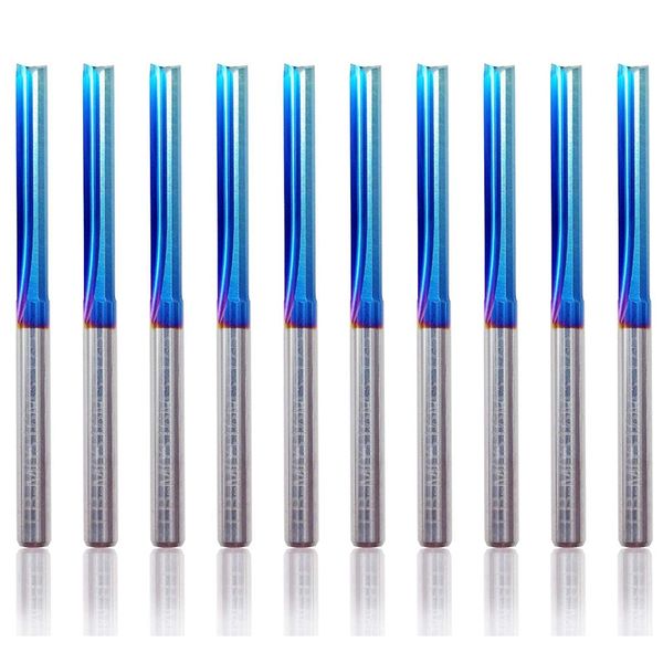 

10pcs 3.175 shank blue coated straight end mill 2 flute carbide milling cutter for wood mdf plastic cnc engraving bit