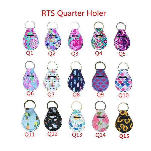 

neoprene quarter holder keychain diving material for party favor 15 designs unicorn pattern floral print with metal ring, Slivery;golden