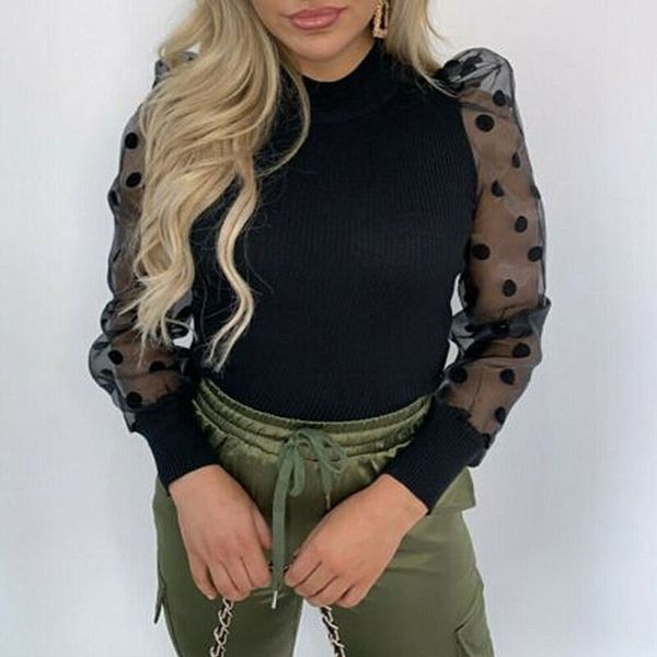 

spring summer women blouses ladies see-through sheer mes dot puff long sleeve shirts blusas mujer camisas, White