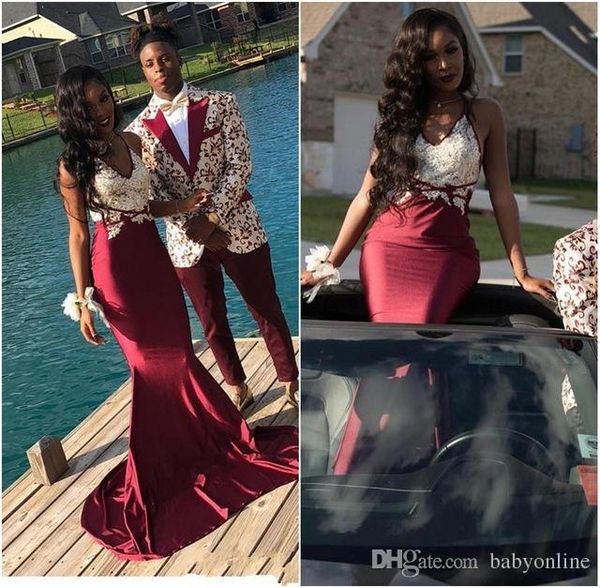 

elegant evening formal dresses 2019 woman burgundy mermaid prom dresses appliques african evening gowns spaghetti long pageant wears, Black;red