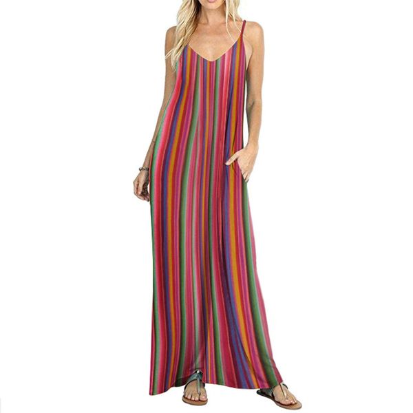 

fashion striped bohemian maxi dresses for women v neck spaghetti strap summer beach dresses sleeveless vestidos, Black;gray