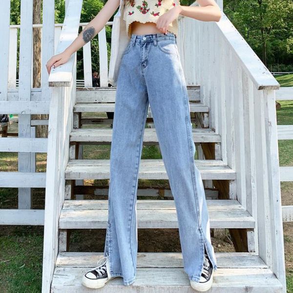 

2020 summer new korean mopping pants loose drape straight wide leg pants high waist thin jeans women tide, Blue