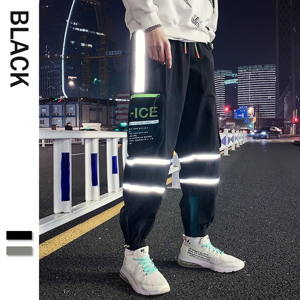 

summer black white striped reflective pants men hip hop thin pencil harem cargo pants loose japanese streetwear trousers