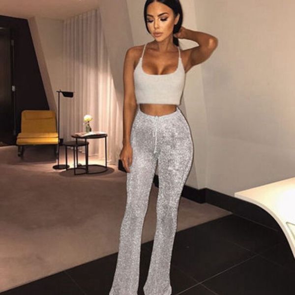 

new2019 women shiny pants bell bottom long pants sequin high waisted clubwear party knit trousers, Black;white