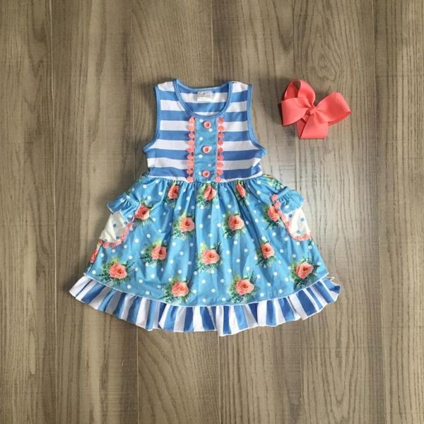 

new arrivals summer baby girls dress blue floral stripe sleeveless children clothes boutique milk silk knee length match bow, White