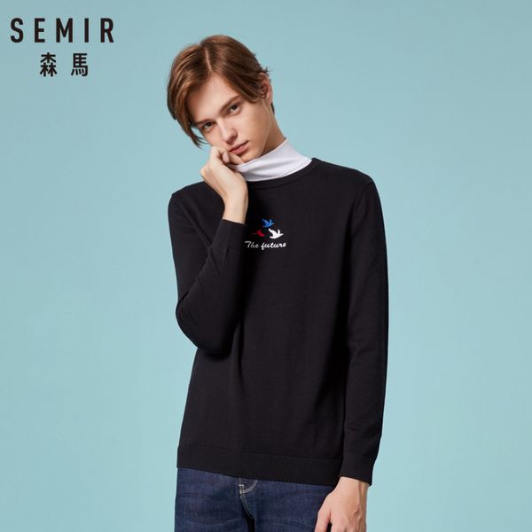 

semir men 100% cotton embroidered fine-knit sweater men's pullover sweater with ribbed crewneck cuff and hem for spring autumn, White;black