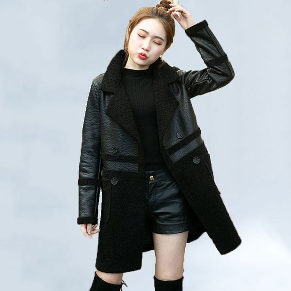 

2019 зимняя куртка женщин новая двусторонний lamb fur coat строчка lamb fur кожаная куртка длинные мытый ветровка женщины, Black