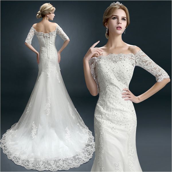 

new winter word shoulder bridal tail wedding dresses sleeves lace decals beaded tail small trailing style mermaid church dresses, White