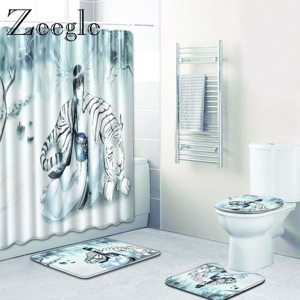 2019 Zeegle Tiger Printed Bathroom Bath Mats With Shower Curtain