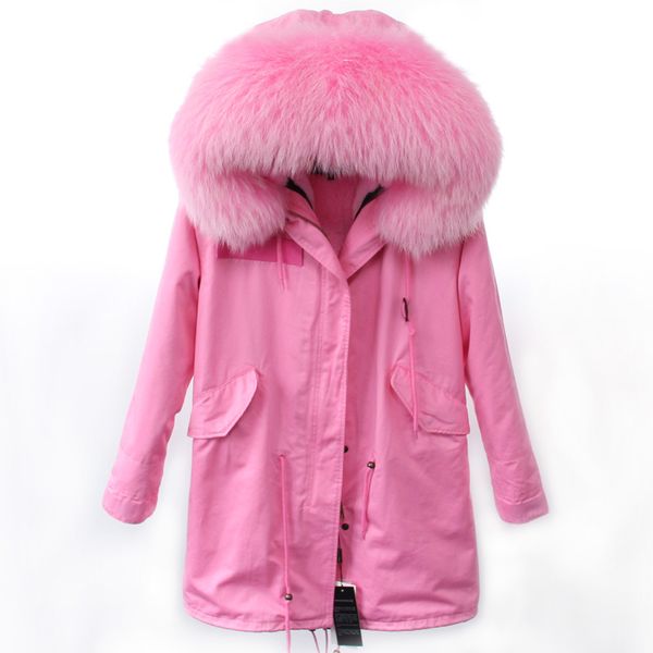 

maomaokong brand winter women snow coats pink rabbit fur jackets lavish raccoon fur trim 100% real rabbit fur lining pink long parkas, Black