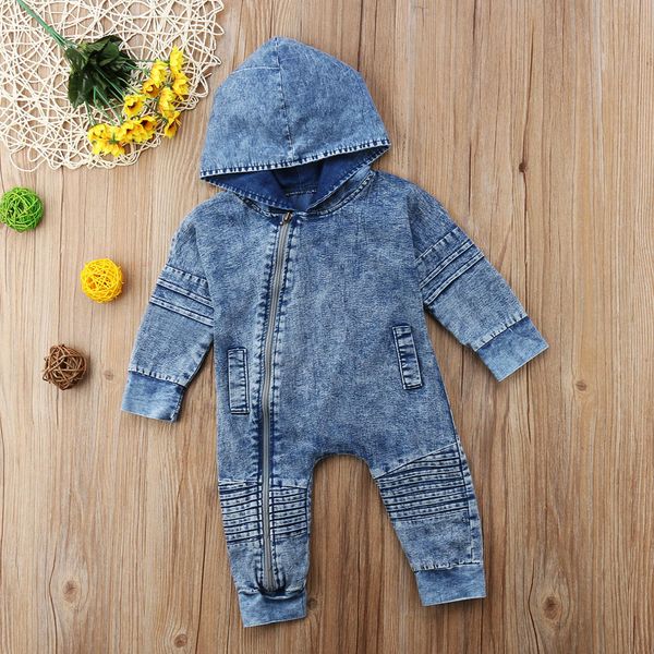 

newborn kids baby boy girl clothing denim hooded romper long sleeve zipper outfits clothes baby girls 0-3t, Blue