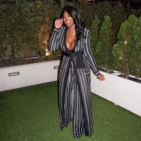 

women 2019 new striped open stitch with sashes x long trench straight long pants suits two piece set outfit glrrk199, White