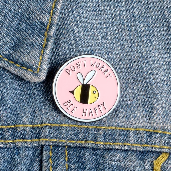 

don't worry be happy enamel pins brooches pink round cute bee lapel badge insect jewelry gift for friends, Gray