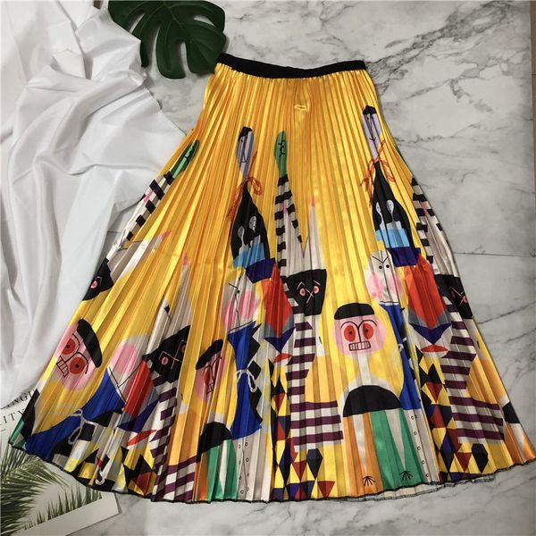 

2019 cartoon pleated skirts women print a-line skirts elastic high waist elegant sweet faldas saias midi streetwear, Black