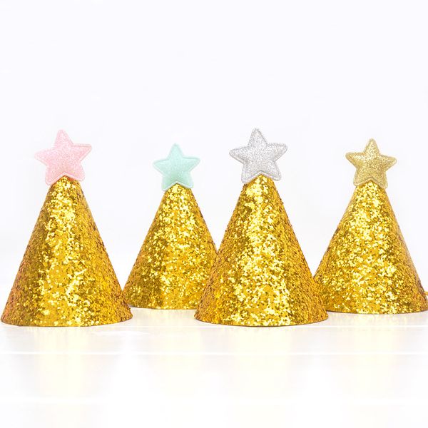 

5pcs shiny gold happy birthday caps 1st birthday hat christmas party decor baby kids hair cute accessory shower baby decoration