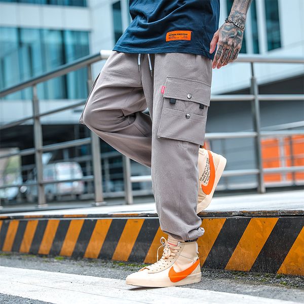 

loose casual fashion joggers side pockets pants for men trousers hip hop pants elastic waist breathable cargo streetwear, Black