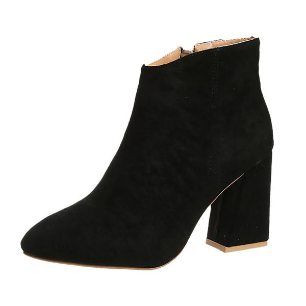 

fashion pure color pointed toe zipper boots square heels vintage women boots, Black
