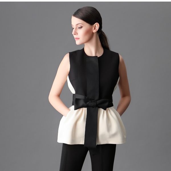 

new high-end design french romantic bow women vest coat sleeveless spliced vest lady quality slim jacket waistcoat fashion femme, Black;white