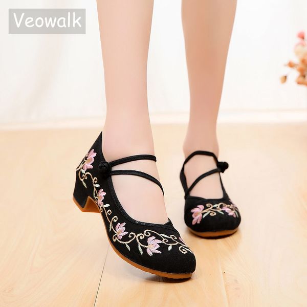 

veowalk triangle strap women 4cm medium high heels ladies canvas embroidered block heels pumps womens comfort old beijing shoes, Black