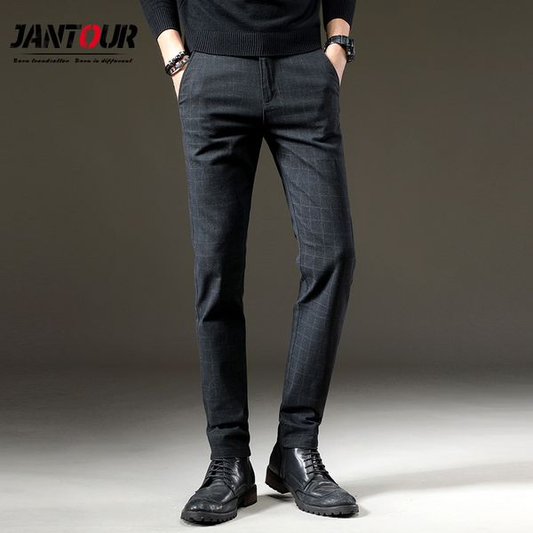 

jantour brand pants men classic casual elastic long trousers male black cotton lattice straight work pant men's large size 38