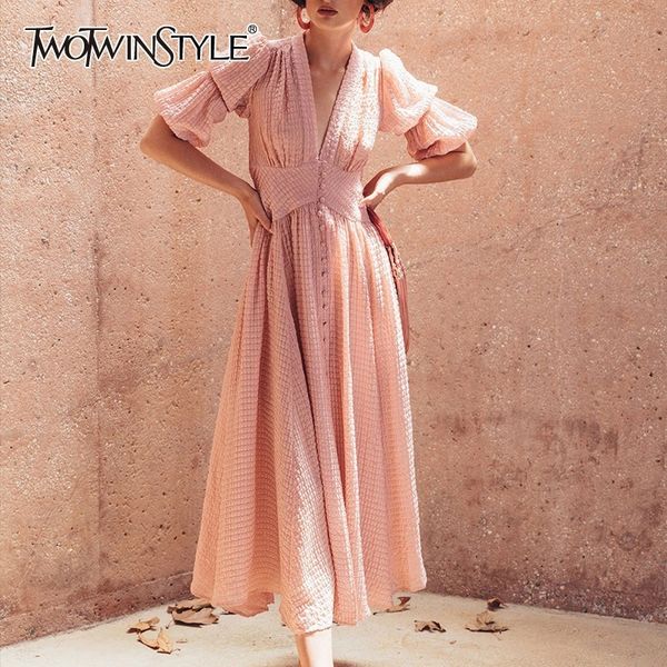 

twotwinstyle elegant solid women dress v neck lantern high waist button ruched midi dresses female fashion 2019 spring new, Black;gray