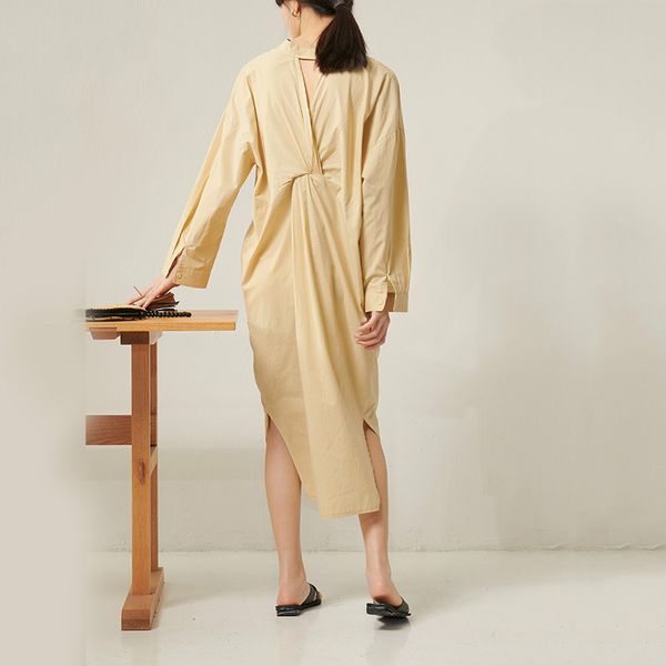 

spring autumn 2020 women hollow out knot ong big size shirt dress new stand collar long sleeve loose fit fashion t032, Black;gray