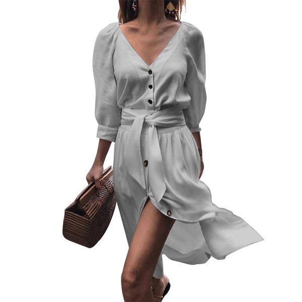 

3/4 sleeve v neck lace up casual ladies split summer button, Black;gray