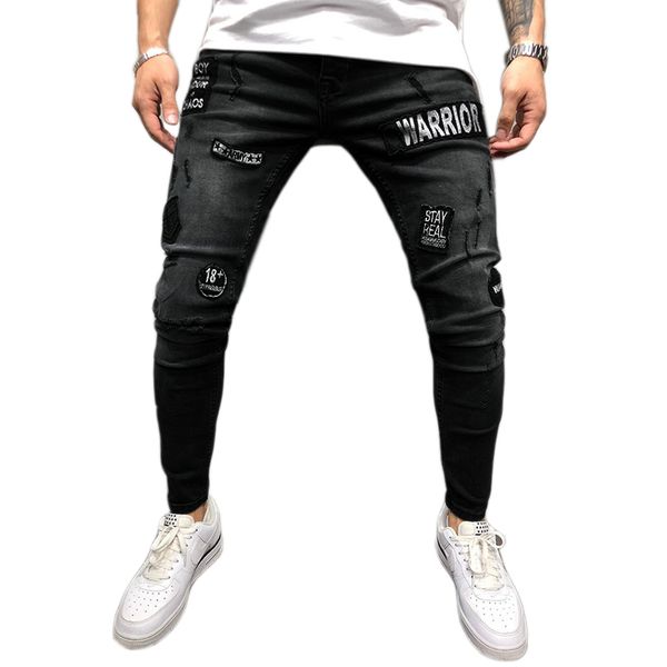 

new fashion streetwear men's jeans knee hole ripped embroidery jeans trousers hip-hop slim men pants, Blue