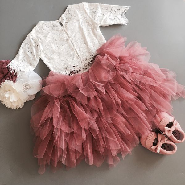 

new baby girls lace clothing set for xmas kids petti skirt +lace shirt sweet flowers toddler 2pcs outfit child party costume t200707, White
