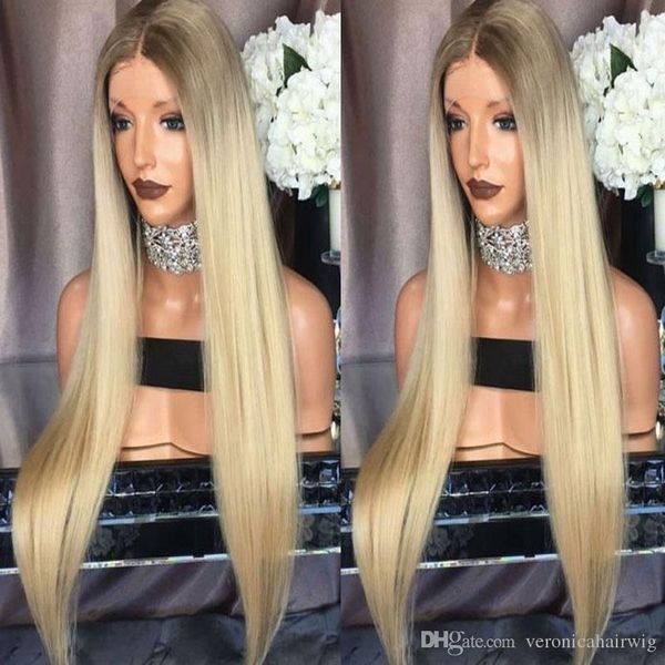 Cheap Brown Roots Ombre Light Platinum Blonde Silky Straight