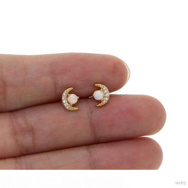 

moon stud earring for girl gift 2018 christmas gift jewelry minimal delicate cute tiny moon with cz opal stone paved lovely ear jewelry, Golden;silver
