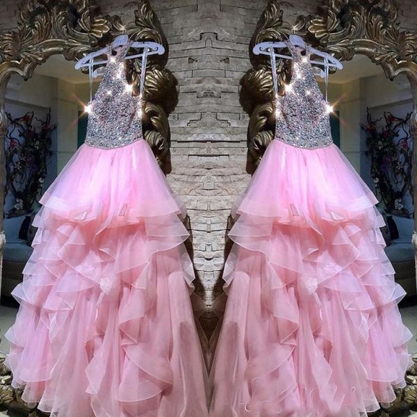 

Modest Pink Crystals Ruffled Evening Dresses 2019 Floor-length Celebrity Party Gowns Evening Dresses Party Wear Cheap