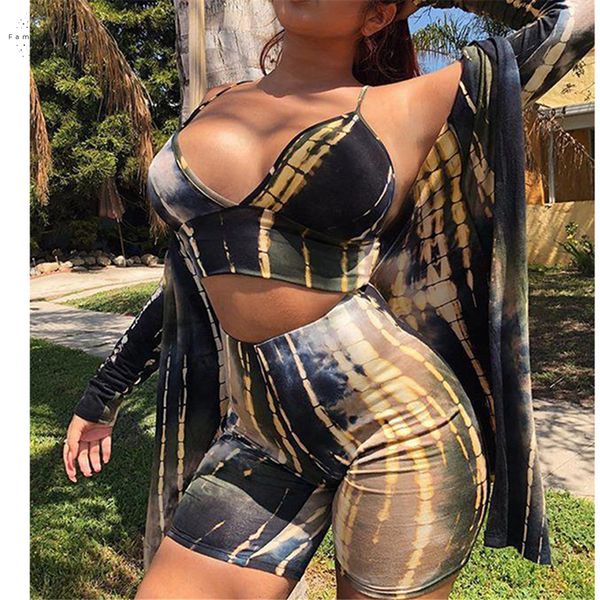 

tie print 3 piece set women spaghetti strap v neck crop and high waist slim and long sleeve coat, Black;white