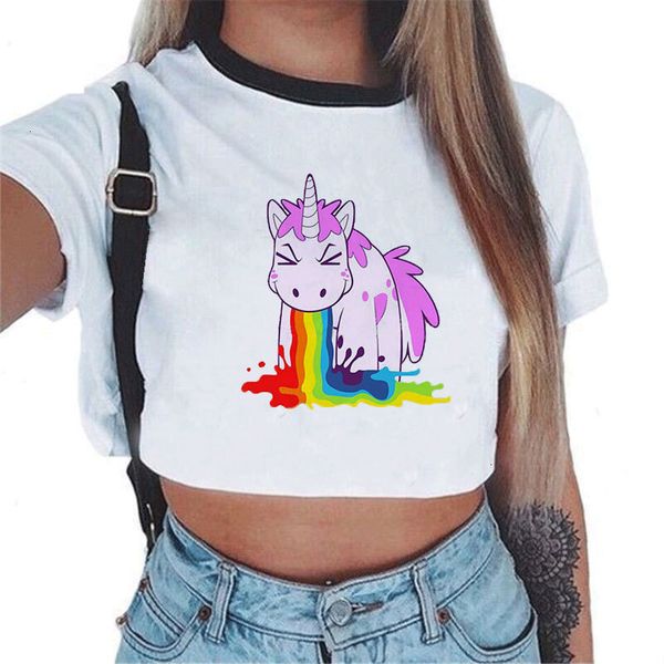 

женская мода майка женщина танки tops радуга sexy unicorn crop top женщины топы unicornio t shirt единорог обрезанное женский, White