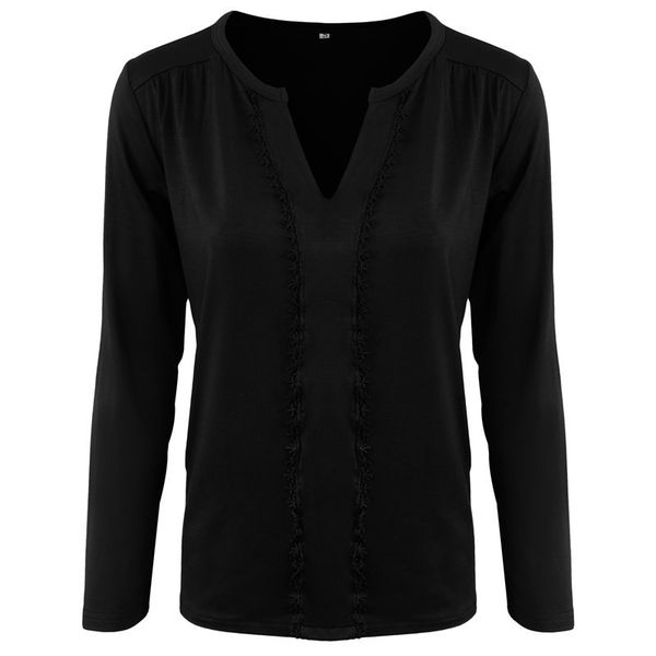 

womens designer plus size v-neck lace stitching long sleeve t-shirt solid color loose pullover base shirt, White