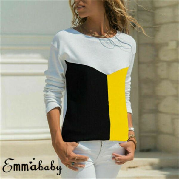 

1pc autumn women girl loose long sleeve splice solid casual t shirt blouse new, White