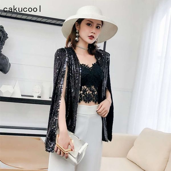 

cakucool new luxury shiny blazer women spring 2019 full golden sequined coat poncho open stitch shiny elegant cape jacket female, White;black