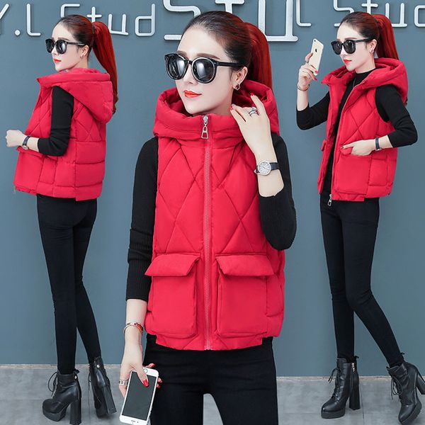 

2019 autumn winter vest women waistcoat female sleeveless jacket hooded warm short vest outwear colete feminino casual, Black;white