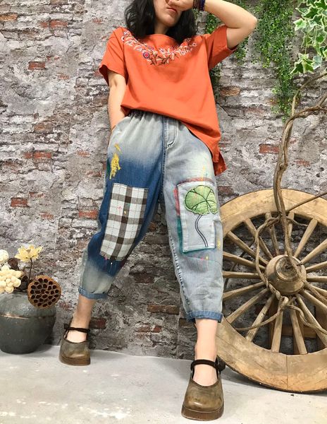 

deep blue female embroidery painting elastic waist high waist jeans bk4756