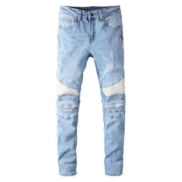 

sokotoo men's light blue white pu leather patchwork biker jeans fashion streetwear slim skinny stretch denim pants