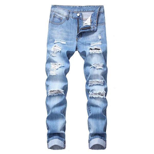 

men distressed jeans casual no elasticity pants slim ripped denim bleached knee holes washed destroyed jeans high quality, Blue