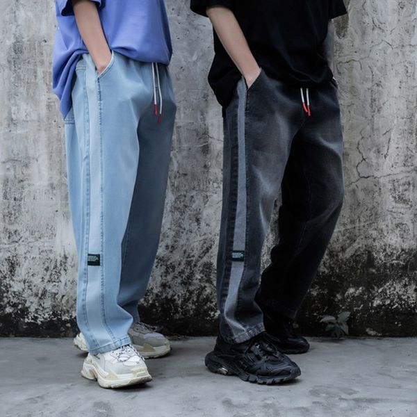 

20ss новые промытые боковые полосатые джинсовые брюки уличная одежда свободные шнурок потертые рваные джинсы для мужчин мешковатые хип хоп д, Blue