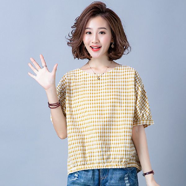 

women new fashion cotton linen plus size t-shirt 2020 summer short lantern sleeve o-neck plaid tee shirts casual lady loose, White