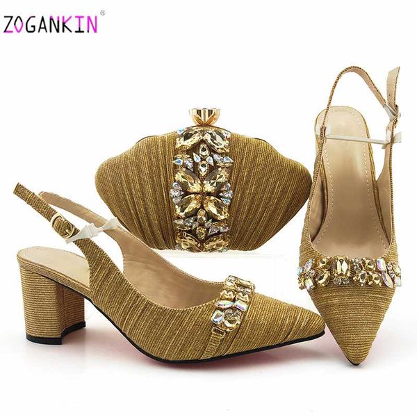 

2020 gold italian design shoes and bags to match set african women wedding shoes and bags sets with shinning crystal, Black