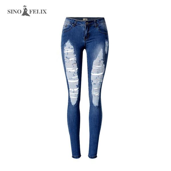 

женские джинсы с низкой талией пружинные натяжные рваные джинсовые футовых брюки порваны большой размер полная длина брюки карандаш tps6618, Blue