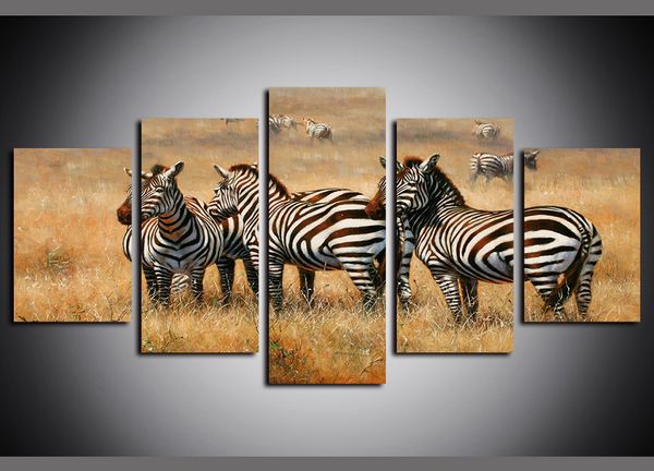 

5 panels canvas prints wall art paintings grassland animal zebras landscape artworks oil paintngs on canvas giclee pictures wall decor